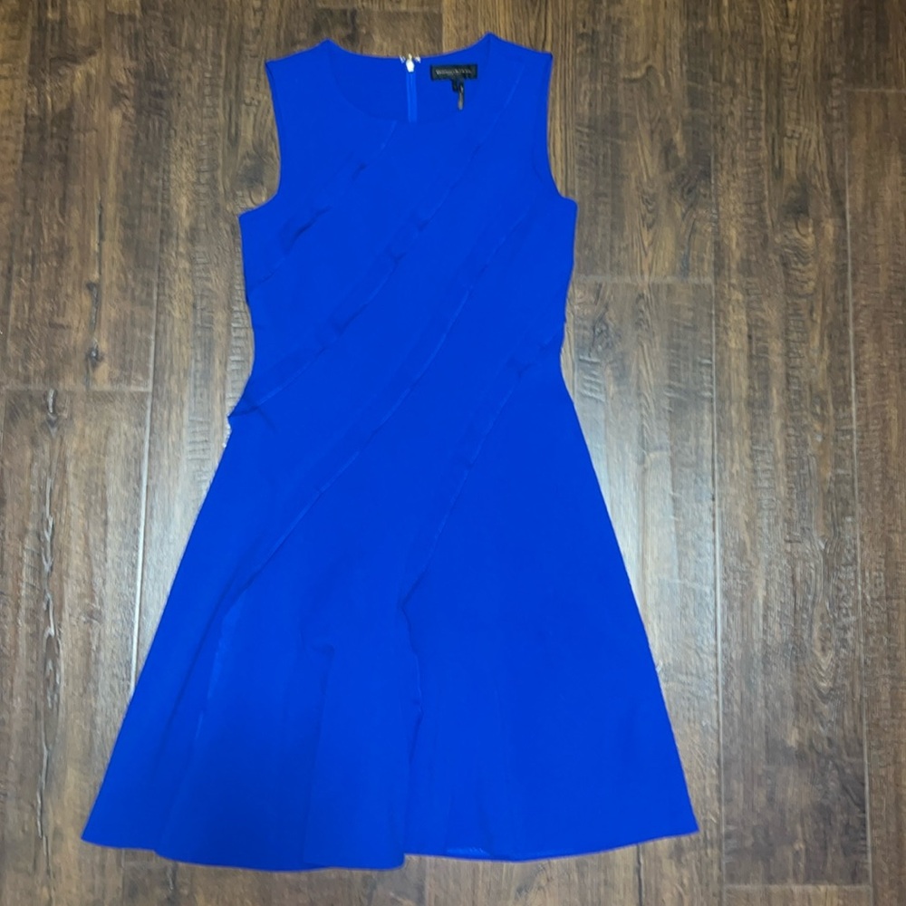 Donna Karan New York Asymmetrical Ruffle Flared Dress in Sapphire Blue Size 2
